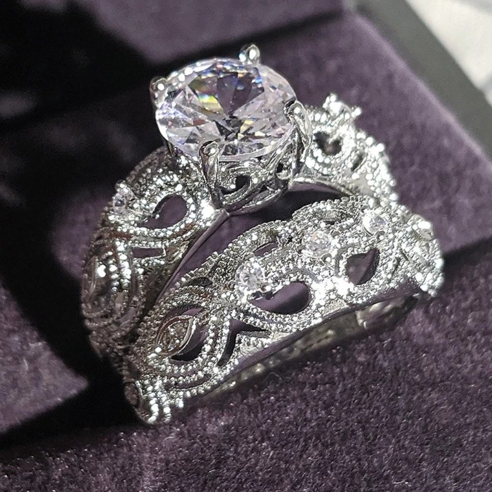 NEW2PC/set 4CT Round Diamond 925 Silver Ring 17 - Picture 3 of 9